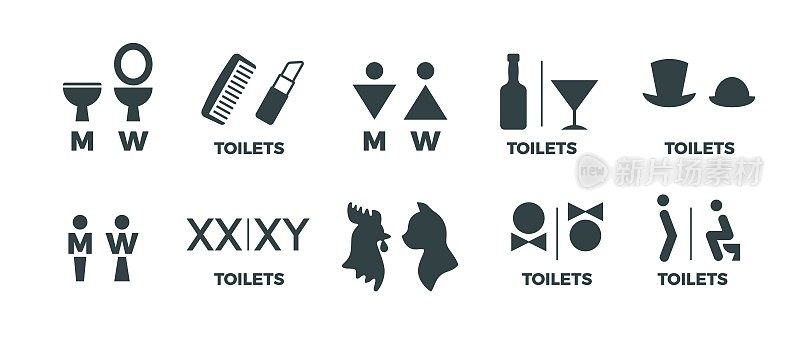 1902. m30.i020.n042.p.c25.1142122850厕所的迹象。搞笑WC男女方向图标，餐厅咖啡厅电影院洗手间门标志。向量厕所标志